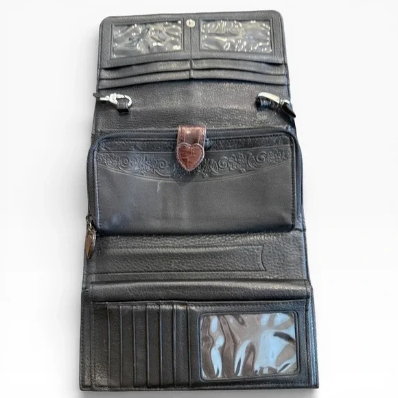 Brighton Leather Croc Embossed Crossbody Wallet Purse Brown Black - Picture 4 of 7